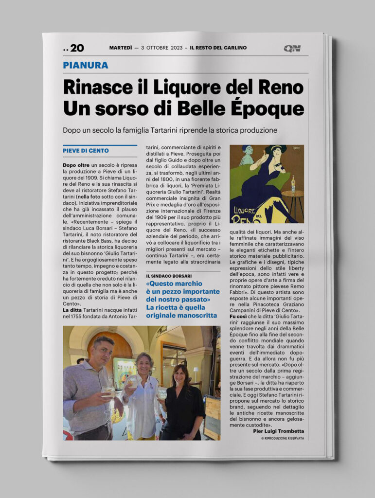 Prima pagina del giornale «Il Resto del Carlino» con articolo su Liquorificio Tartarini“